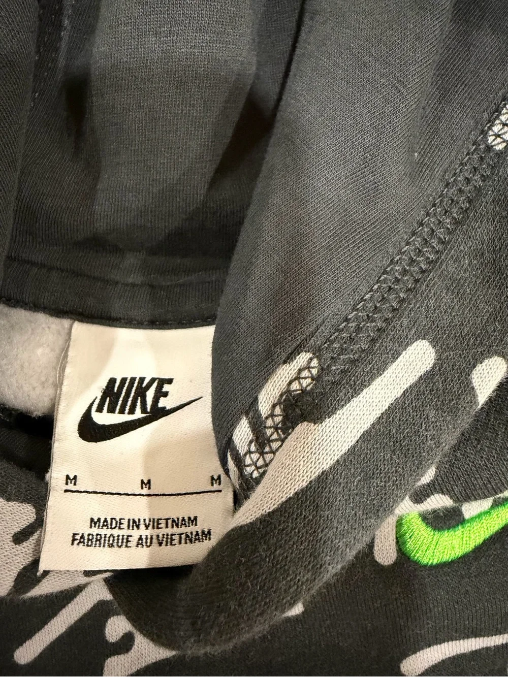 Nike Kids All Over Logo Swoosh Pullover Hoodie Black Gray Size M